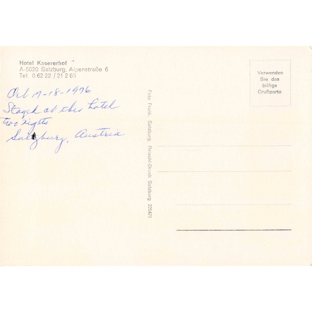 Vintage Hotel Kasererhof Salzburg Austria Postcard 1976 Alps View Foto Frank - Picture 2 of 2